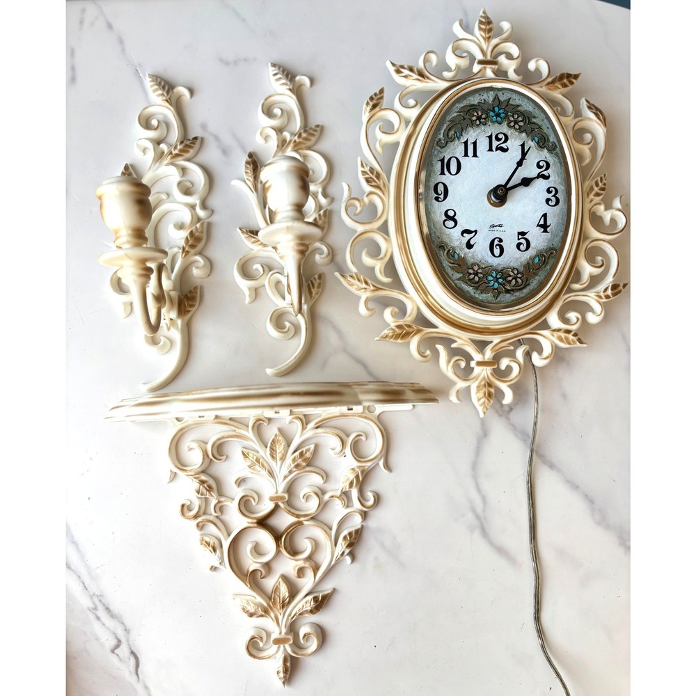 Vtg Spartus Wall Clock Shelf Sconces Set 4pc Hollywood Regency Gold Cream 60s